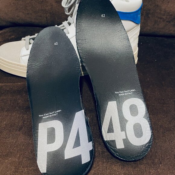 P448 Skate High Top Sneaker White Leather Buff Suede Blue Trim 42 9-9.5 Mens